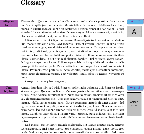 image of glossary with names in coloured boxes in left margin and page number in coloured box in right margin with image below