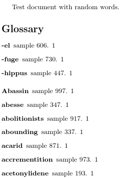 image of test document containing alphabetically ordered list of random words