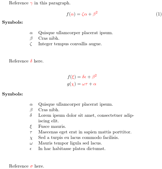 image of sample document with an equation followed by a short list of symbols and a full glossary at the end