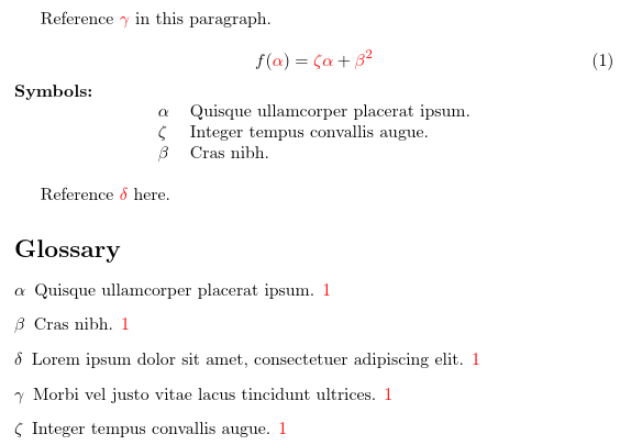 image of sample document with an equation followed by a short list of symbols and a full glossary at the end