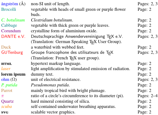image of 3-column glossary with name (in various colours) optionally followed by symbol in first column