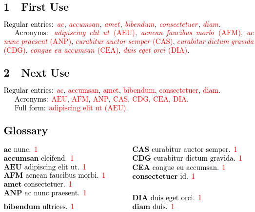 image of a document with sample references and a single ordered list of terms and acronyms where entries are emphasized