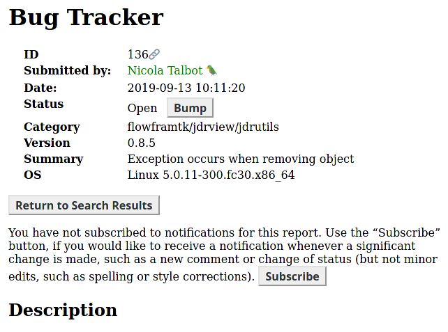 Image of bug tracker page for report #136