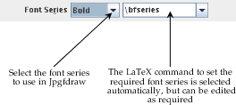Annotated image of the font weight selector showing Bold and the declaration selector showing \bfseries.
