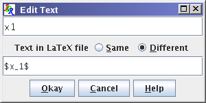 Image of screenshot of edit text dialog showing canvas text in the top field with radio buttons labelled Same and Different and a lower field containing LaTeX code.