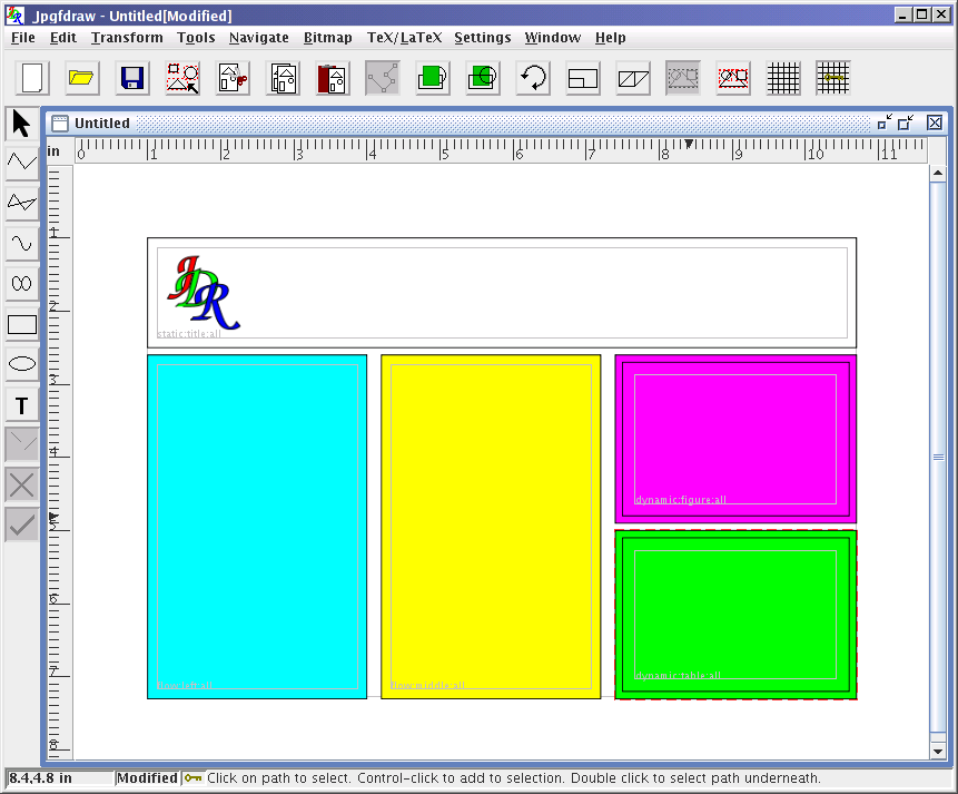 Screenshot of JpgfDraw with objects laid out for a poster.