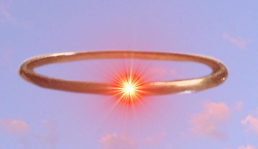 Golden circlet floating in the sky with flare coming from gem.