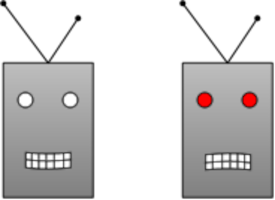 Image of two robot heads the first has a slightly smiling mouth and white eyes the second has slightly downturned mouth and red eyes