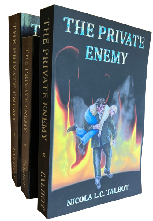 Three paperback editions stacked upright, one in front of the other.