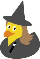 image of yellow duck wearing a witch’s hat and holding a wand