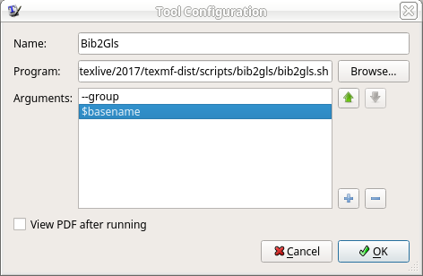 tool configuration dialog window setup for bib2gls