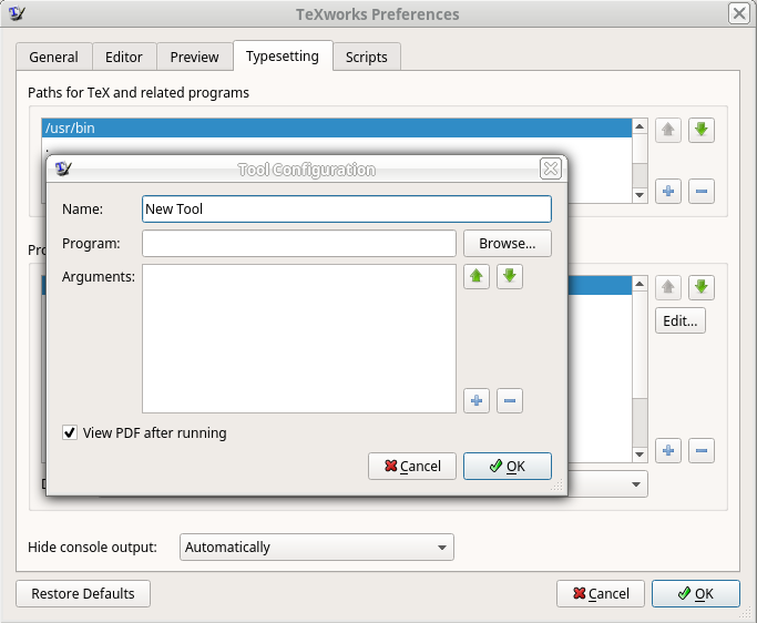 tool configuration dialog window