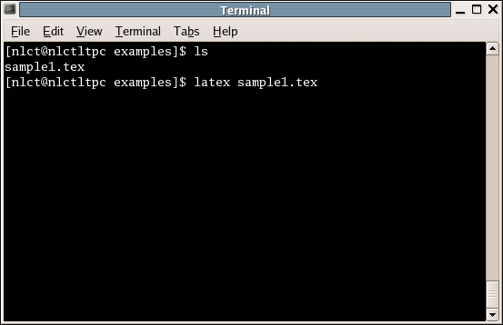 Image of a terminal where user has typed the command
   to run LaTeX