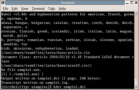Image of a terminal where user has typed command to
  load DVI file into kdvi