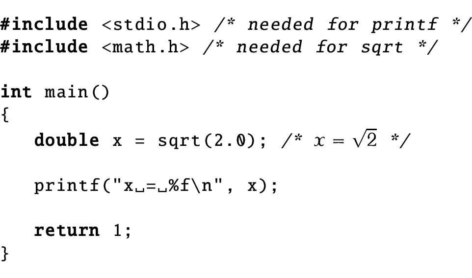 The formula in the comment is typeset in math mode and spaces in the string are displayed with the visible space symbol