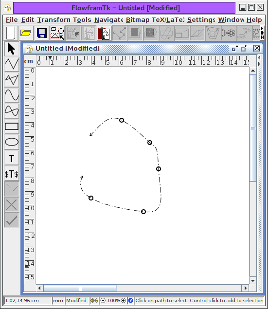 Image of a dashed path with open circle mid markers and different arrow end markers.